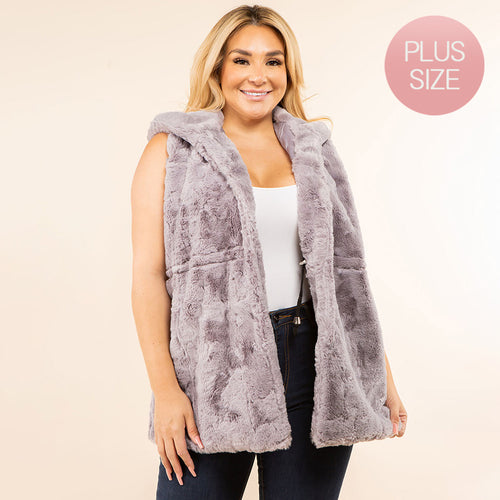 Plus Size Faux Fur Hooded Vest - Gray