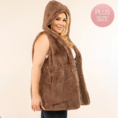 Plus Size Faux Fur Hooded Vest - Tan