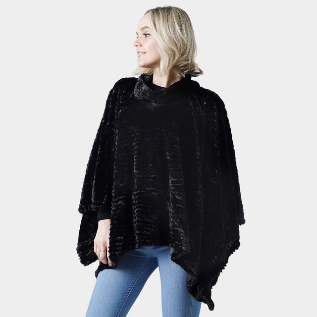 Black Stripe Pattern Faux Fur Poncho