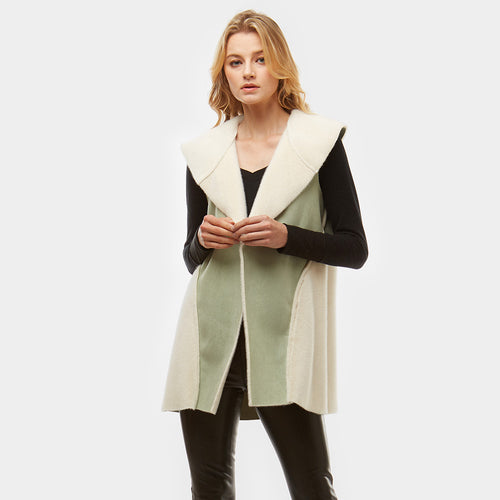 Faux Suede Faux Fur Lining Vest - Ivory, Mint