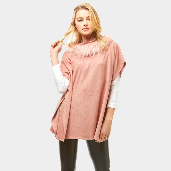 Pink Suede Feel Turtle Neck Faux Fur Poncho