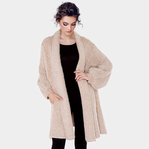 Pockets in Front Zigzag Patterned Soft Knit Cardigan - Beige