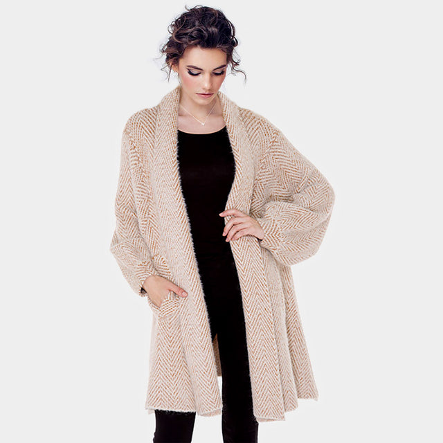 Beige Pockets in Front Zigzag Patterned Soft Knit Cardigan