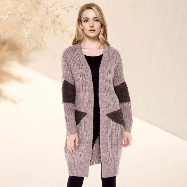 Khaki Soft Knit Furry Decoration Long Cardigan