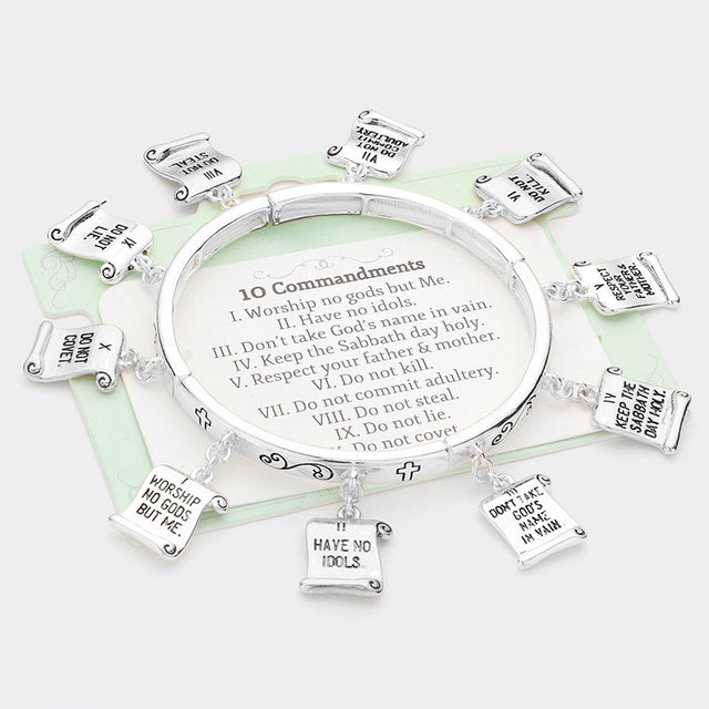 Madeline Love Antique Silver 10 Commandments Message Charm Around Stretch Bracelet - Bracelets