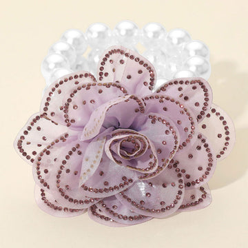 Madeline Love Light, Purple , White Bling Studded Fabric Flower Statement Faux Pearl Beaded Stretch Bracelet - Bracelets