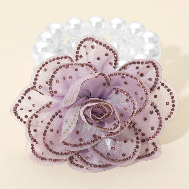 Madeline Love Light, Purple , White Bling Studded Fabric Flower Statement Faux Pearl Beaded Stretch Bracelet - Bracelets