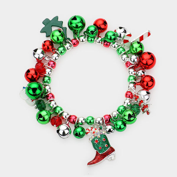 Green Multi Red, Christmas Theme Charms Stretch Bracelet
