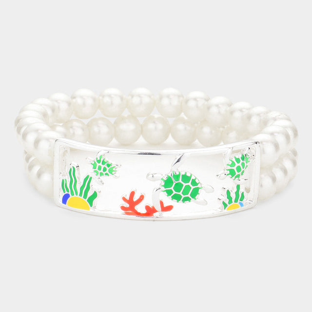 Madeline Love Multi, Silver Enamel Turtle Coral Accented Double Layered Pearl Stretch Bracelet - Bracelets
