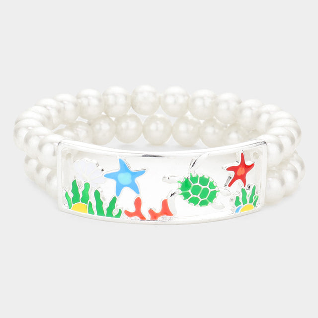 Multi, Silver Enamel Starfish Turtle Coral Accented Double Layered Pearl Stretch Bracelet