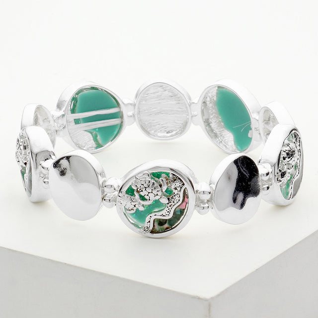 Antique Silver, Mint Sea Turtle Embossed Metal Disc Link Stretch Bracelet