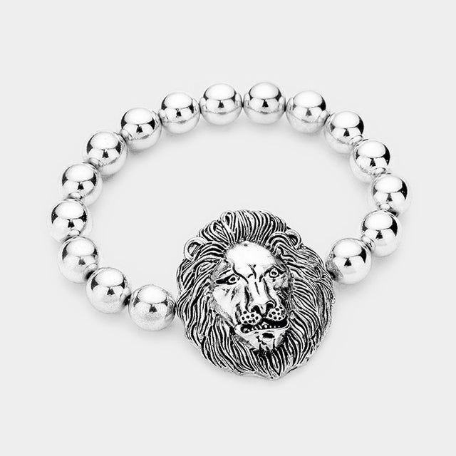 Madeline Love Antique Silver Lion Accented Metal Ball Stretch Bracelet - Bracelets