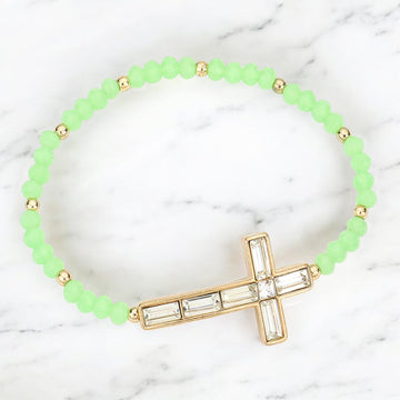 Madeline Love Mint Cross Accented Faceted Beaded Stretch Bracelet - Bracelets