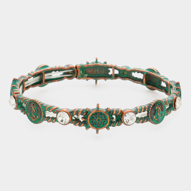 Patina Verdigris Anchor Helm Nautical Rope Textured Stretch Bracelet