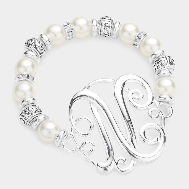 Madeline Love Antique Silver -N- Initial Monogram Charm Pearl Filigree Stretch Bracelet - Bracelets