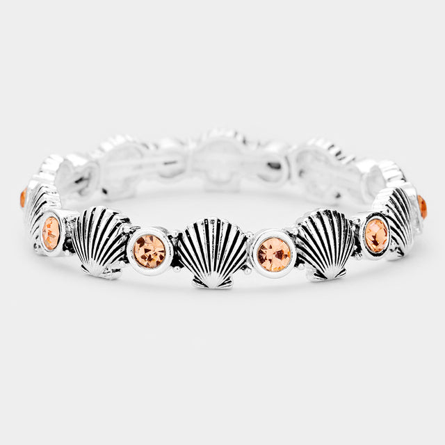 Peach Metal Shell Stone Embellished Stretch Bracelet