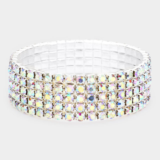 Madeline Love AB, Silver 5-Row Crystal Rhinestone Stretchable Bracelet - Bracelets