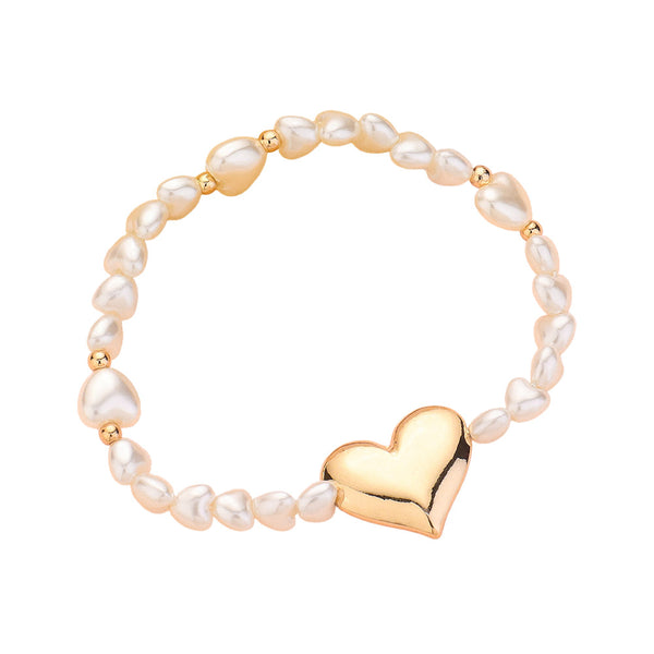 Metal Heart Charm Pointed Pearl Stretch Bracelet