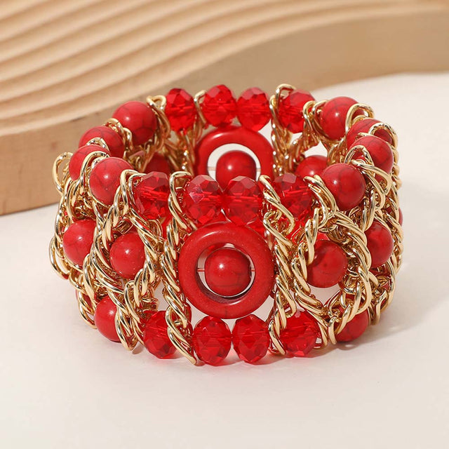 Madeline Love Gold, Red Bold Multi Strand Beaded Stretch Bracelet - Bracelets