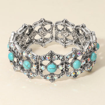 Madeline Love Silver Burnished, Turquoise Stone Accent Rhinestone Embellished Vintage Inspired Stretch Bracelet - Bracelets