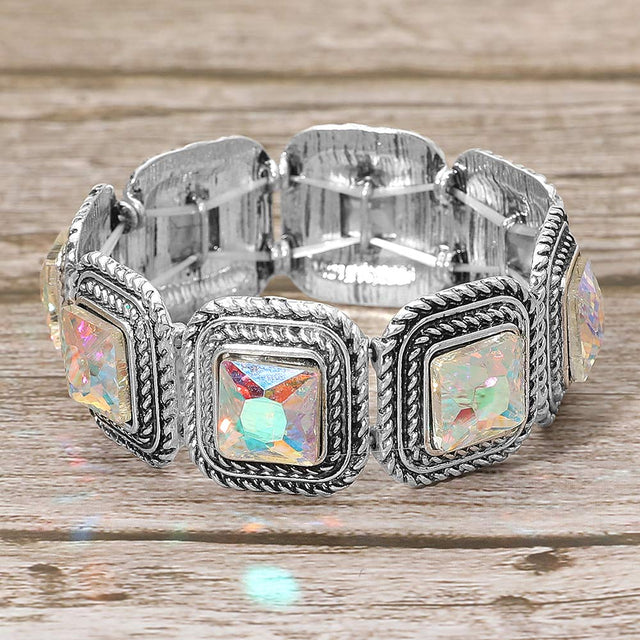 Madeline Love AB, Silver Burnished Vintage Square Stone Cluster Beaded Stretch Bracelet - Bracelets