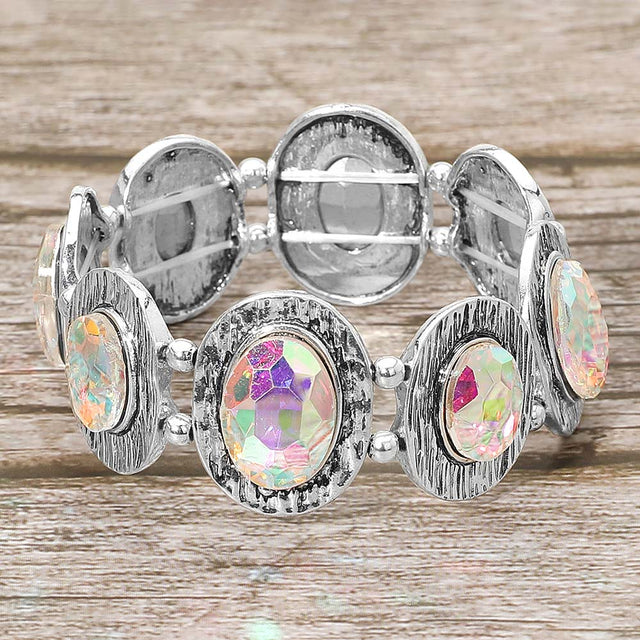 Madeline Love AB, Silver Burnished Vintage Oval Stone Cluster Beaded Stretch Bracelet - Bracelets