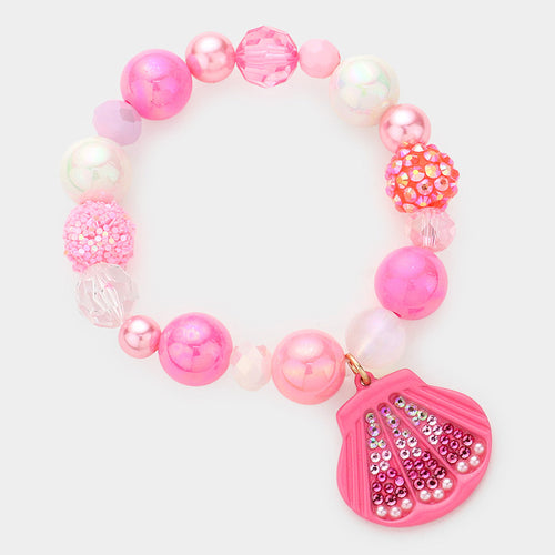 Barbie Pink Shell Charm Pearl Multi Beaded Stretch Bracelet - Pink