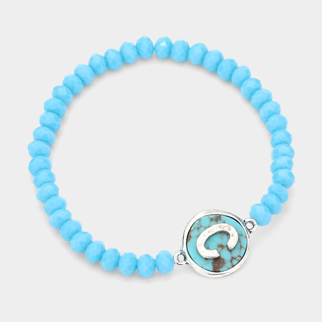 Madeline Love Turquoise -C- Initial Monogram Turquoise Charm Faceted Beaded Stretch Bracelet - Bracelets