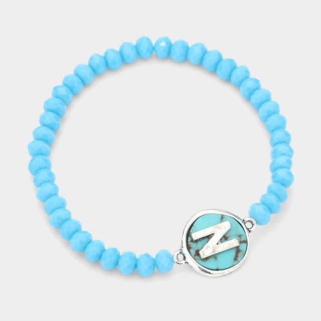 Madeline Love Turquoise -N- Initial Monogram Turquoise Charm Faceted Beaded Stretch Bracelet - Bracelets
