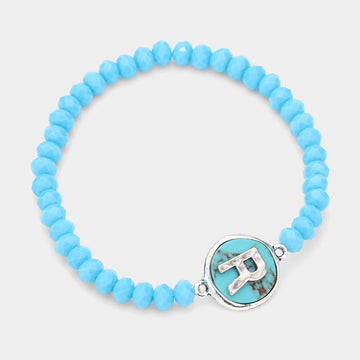 Madeline Love Turquoise -R- Initial Monogram Turquoise Charm Faceted Beaded Stretch Bracelet - Bracelets