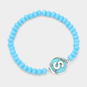 Madeline Love Turquoise -S- Initial Monogram Turquoise Charm Faceted Beaded Stretch Bracelet - Bracelets