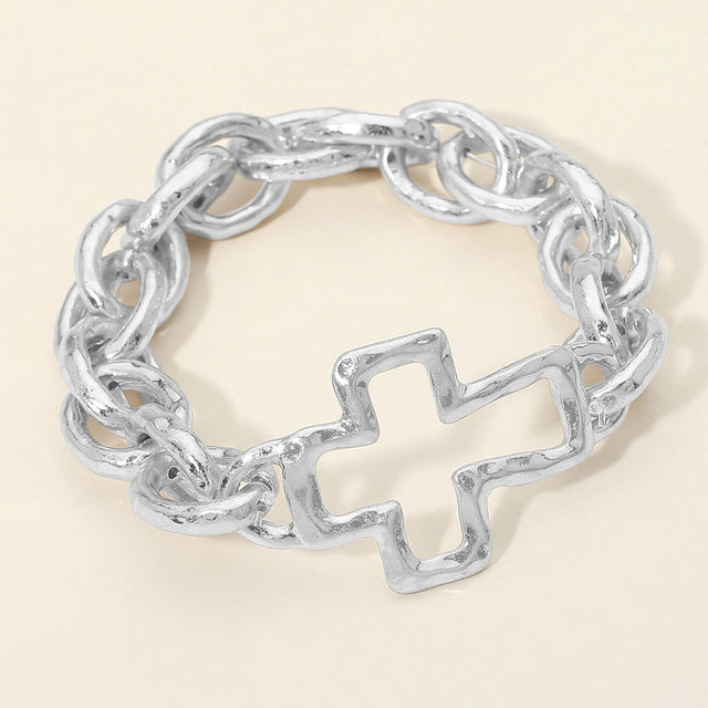 Madeline Love Worn Silver Bold Hammered Metal Open Cross Chunky Chain Stretch Bracelet - Bracelets