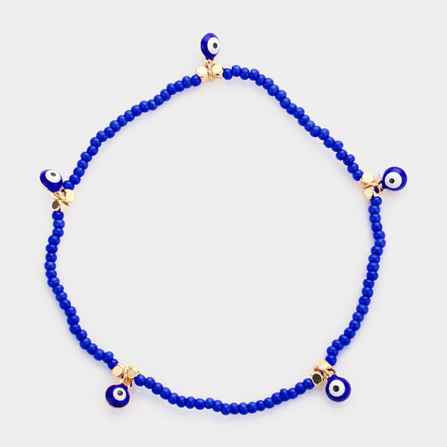 Madeline Love Blue, Gold Evil Eye Charm Seed Beaded Stretch Bracelet - Bracelets