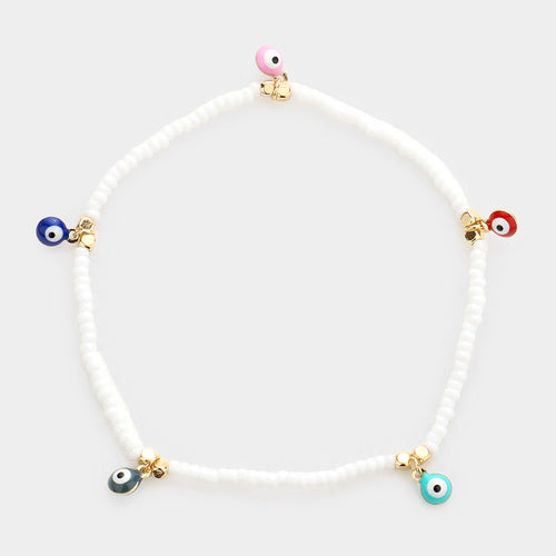 Evil Eye Charm Seed Beaded Stretch Bracelet - White