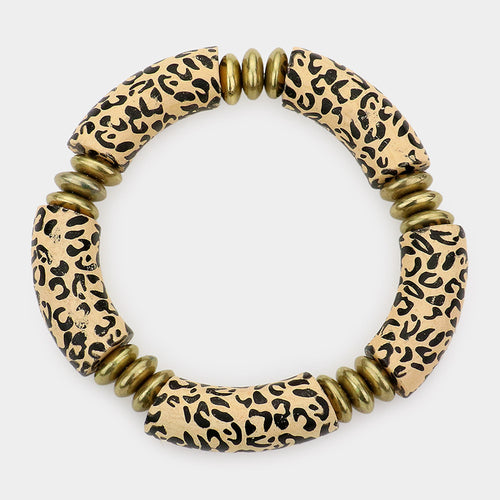 Leopard Patterned Wood Stretch Bracelet - Ivory