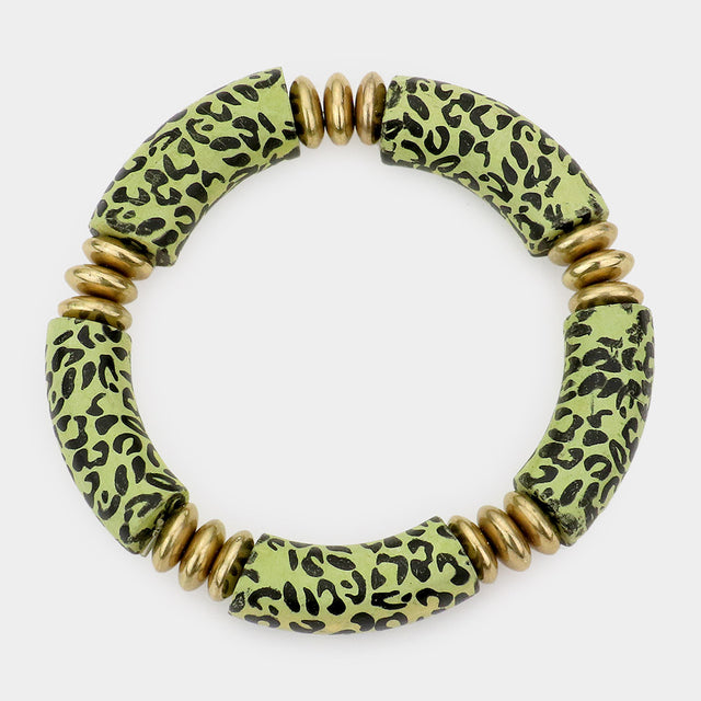 Madeline Love Mint Leopard Patterned Wood Stretch Bracelet - Bracelets