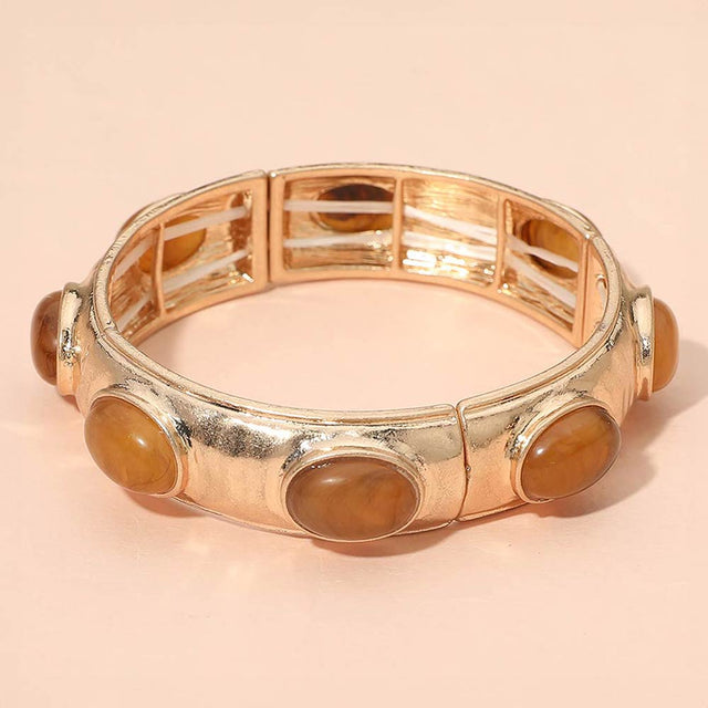 Madeline Love Brown Marbled Oval Stone Accent Hammered Metal Beaded Stretch Bracelet - Bracelets