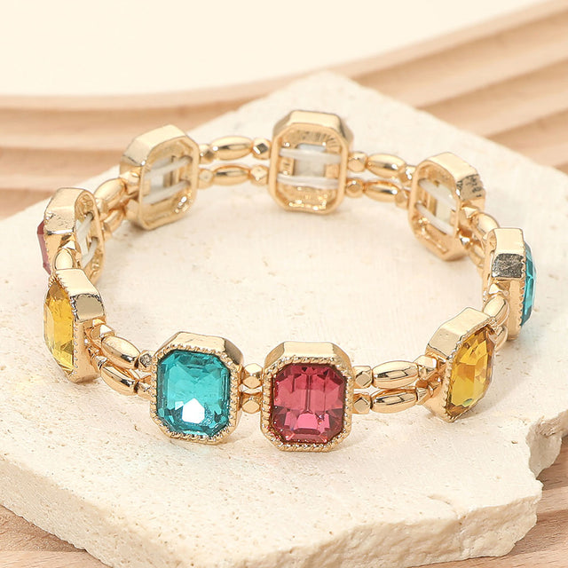 Madeline Love Light, Multi Emerald Cut Stone Cluster Beaded Stretch Bracelet