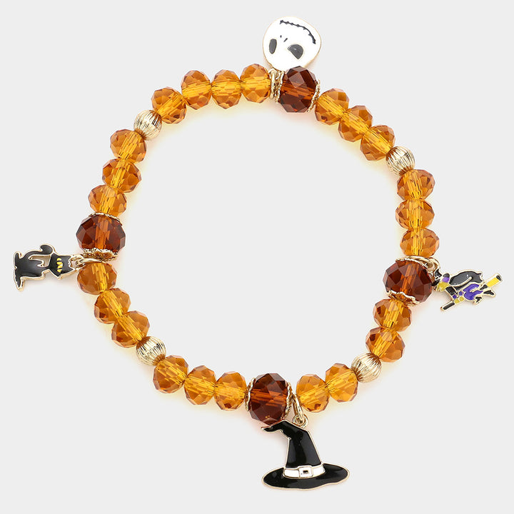 Multi Faceted Bead with Witch Theme Charms Stretch Bracelet