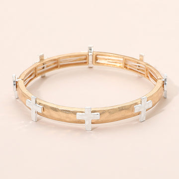 Madeline Love Two Tone, Worn Gold Hammered Brushed Metal Cross Accent Stretch Bracelet - Bracelets
