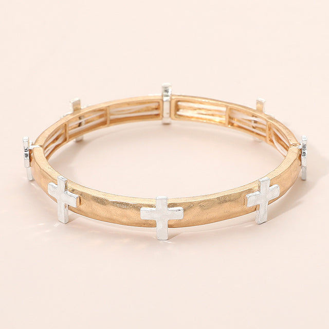 Madeline Love Two Tone, Worn Gold Hammered Brushed Metal Cross Accent Stretch Bracelet - Bracelets