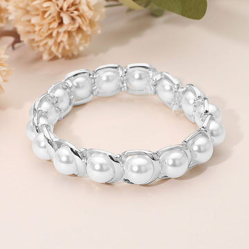 Madeline Love Rhodium, White Pearl Beaded Stretch Bracelet - Bracelets