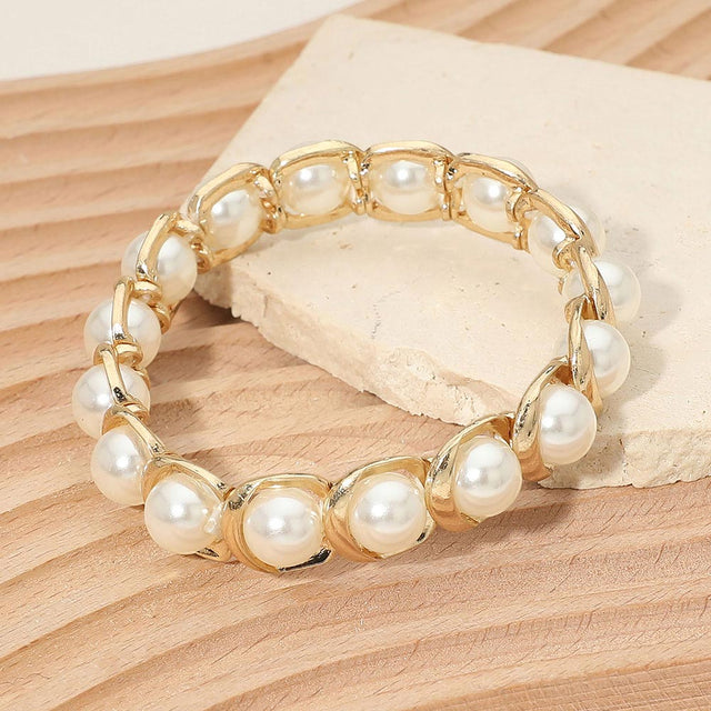 Madeline Love Cream, Worn Gold Pearl Beaded Stretch Bracelet