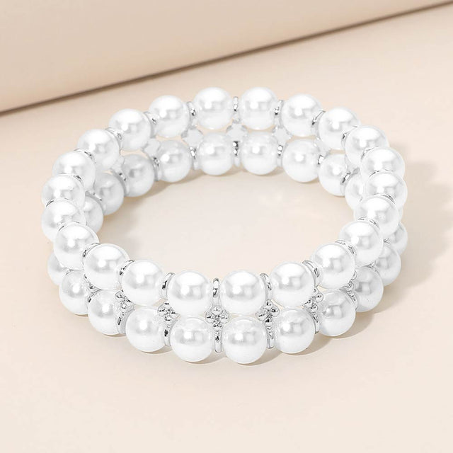 Madeline Love Rhodium, White Double Row Pearl Beaded Stretch Bracelet - Bracelets
