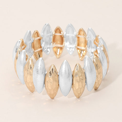 Bold Hammered Metal Marquise Beaded Stretch Bracelet - Worn Gold, Worn Silver