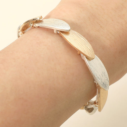 Textured Metal Oval Overlapped Beaded Stretch Bracelet - Worn Gold, Worn Silver