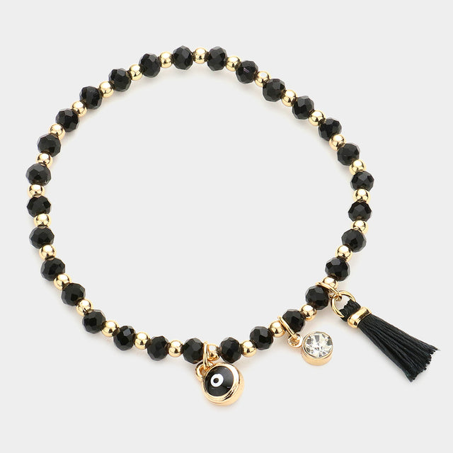 Madeline Love Black, Gold Evil Eye Round Stone Tassel Charm Faceted Beaded Stretch Bracelet - Bracelets