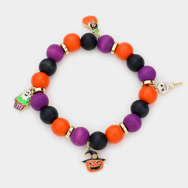 Gold, Multi Halloween Theme Charms Wood Stretch Bracelet