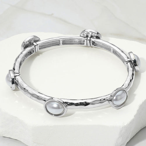 Oval Stone Cluster Pointed Stretch Bracelet - Rhodium, White
