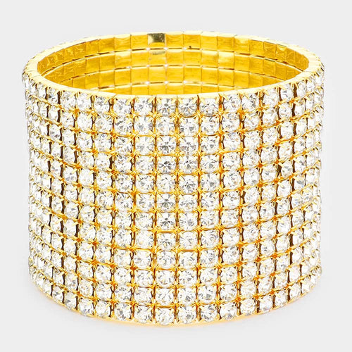 12-Row Crystal Rhinestone Stretchable Bracelet - Clear, Gold